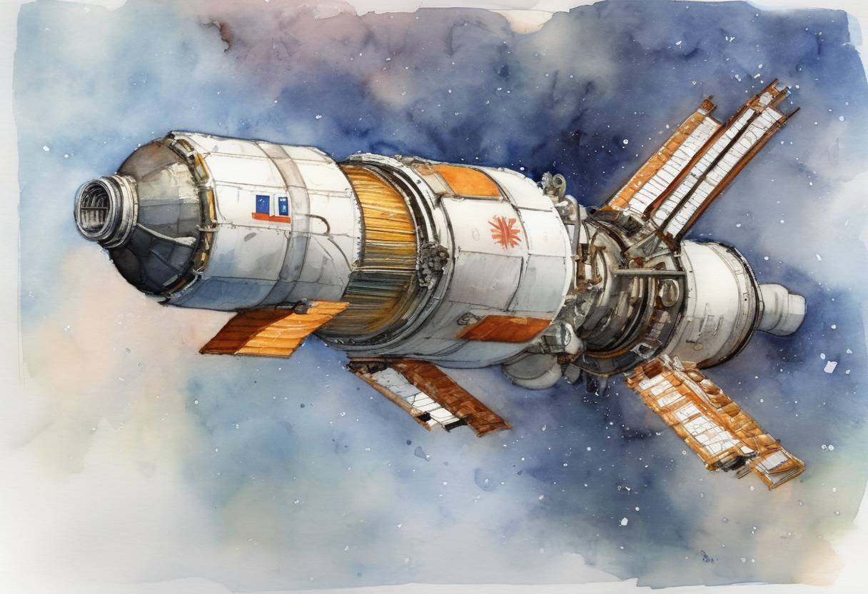 Watercolor painting based depiction of A Russian-built Soyuz spacecraft successfully delivered a three-member crew to the International Space Station, continuing international cooperation in space exploration. (2012)