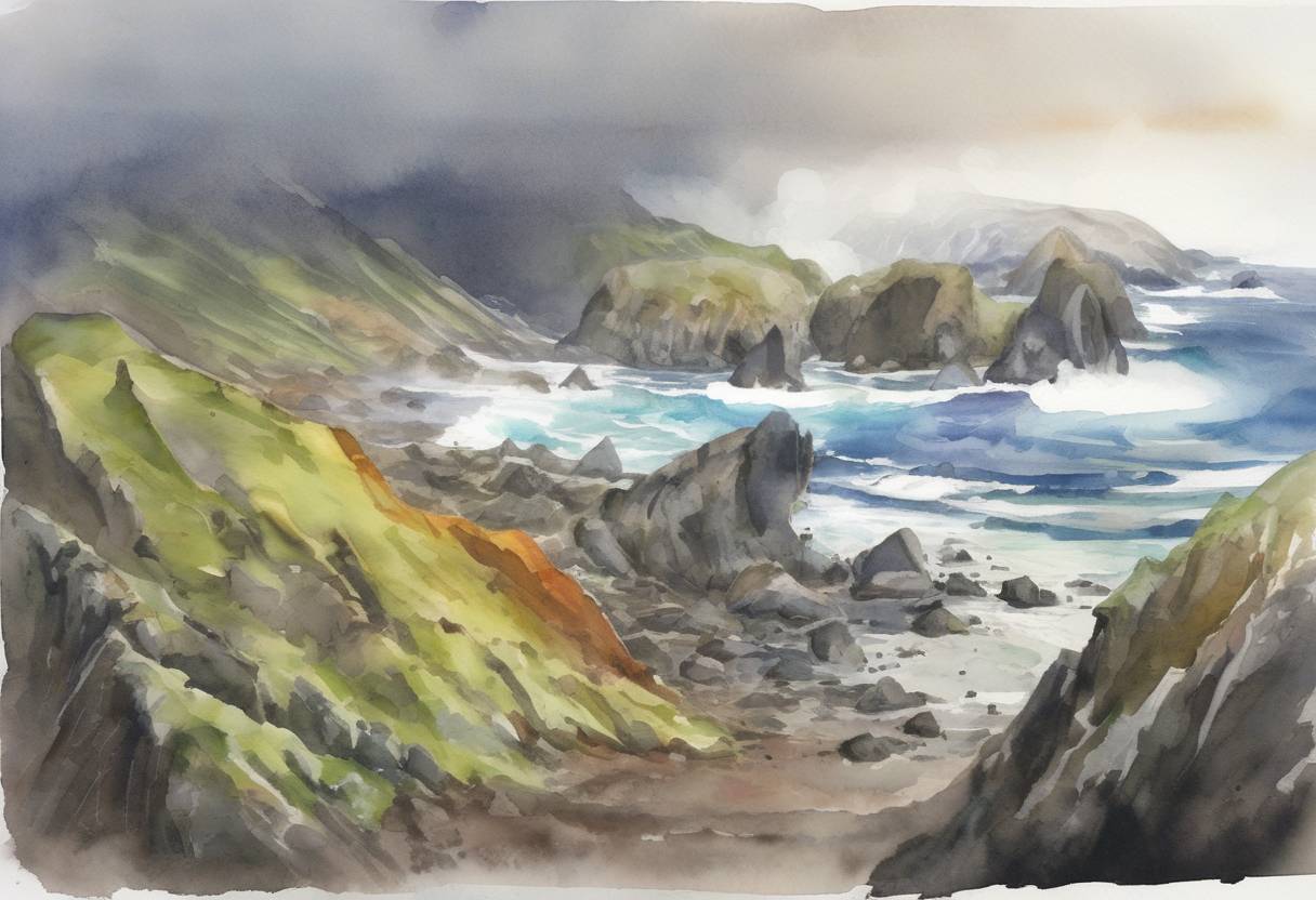 Watercolor painting based depiction of A powerful earthquake struck near the Macquarie Islands in the Southern Ocean, registering a magnitude of 8.1, but it did not generate a significant tsunami. (2004)