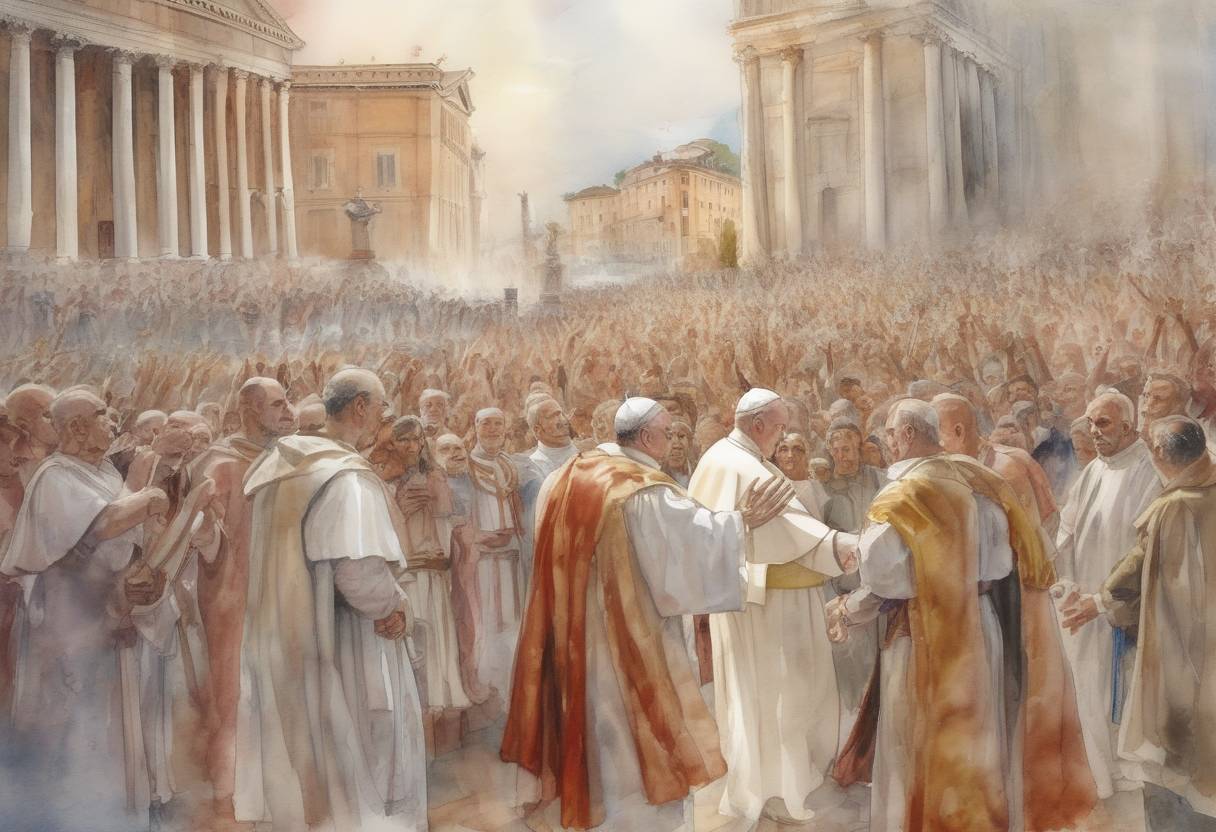 Watercolor painting based depiction of Pope Zosimus dies, leading to a succession crisis in the Catholic Church. (418)