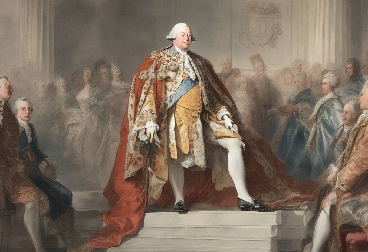 Watercolor painting based depiction of King George III ascends to the throne of Great Britain following the death of his grandfather, King George II. (1760)