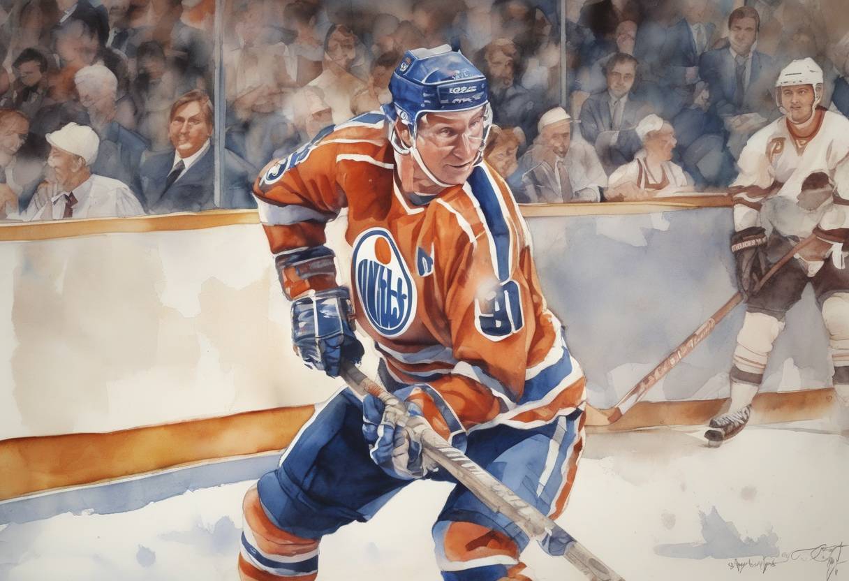 Watercolor painting based depiction of Wayne Gretzky becomes the all-time leading scorer in the NHL, surpassing Gordie Howe's record of 1,850 points. (1989)