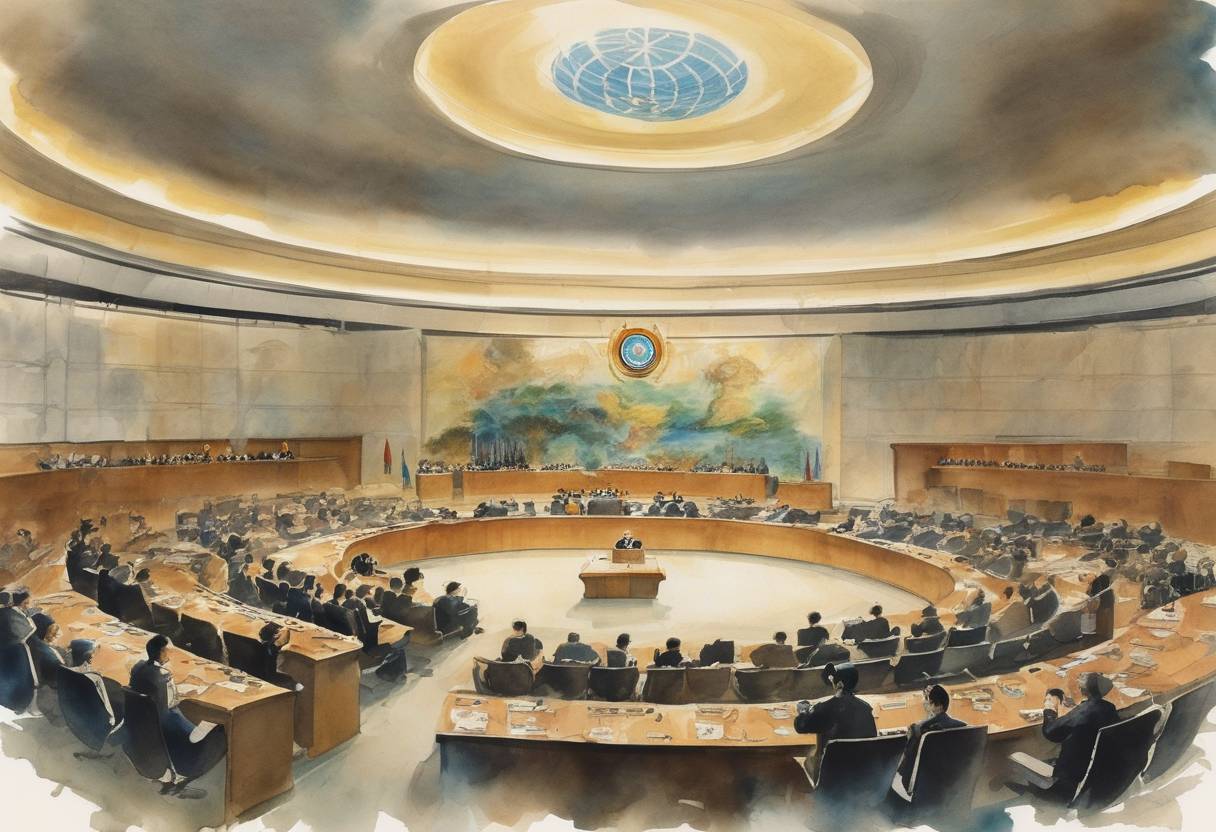 Watercolor painting based depiction of The United Nations General Assembly voted to admit the People's Republic of China and expel the Republic of China (Taiwan), shifting diplomatic recognition from Taipei to Beijing. (1971)