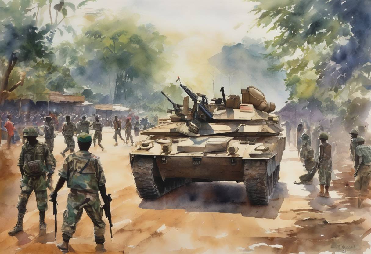 Watercolor painting based depiction of A military coup attempt takes place in the Central African Republic, led by François Bozizé, against President Ange-Félix Patassé. The coup ultimately fails, but it sets the stage for Bozizé's successful coup in 2003. (2002)