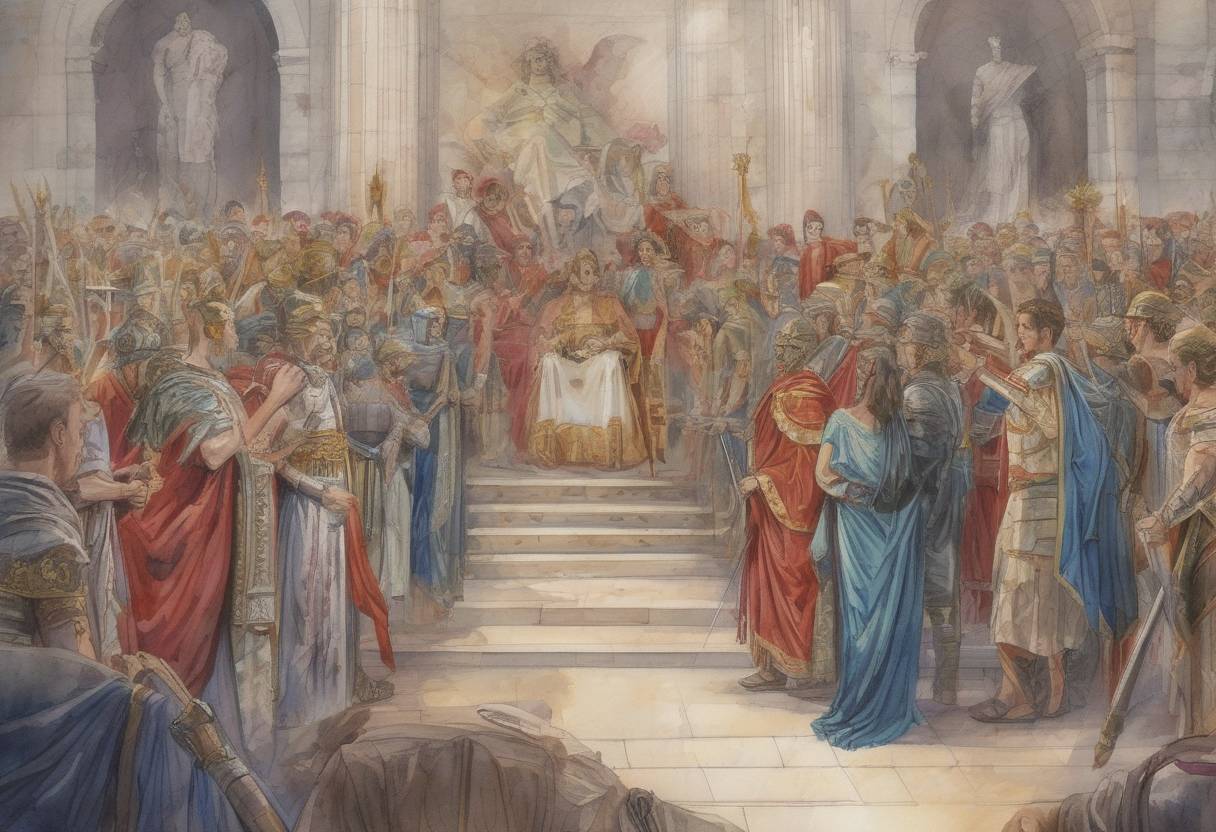 Watercolor painting based depiction of On March 31, 307, the Roman Emperor Constantine the Great married Fausta, the daughter of the former Emperor Maximian. This marriage was politically significant as it strengthened Constantine's position within the Tetrarchy, the system of rule by four emperors, and helped consolidate his power. (307)