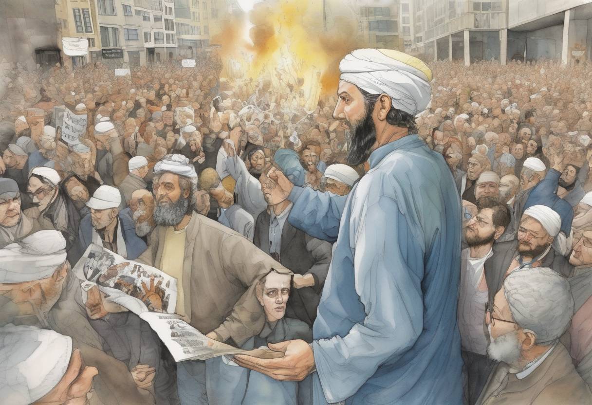 Watercolor painting based depiction of The controversial Danish newspaper Jyllands-Posten published 12 editorial cartoons depicting the Islamic prophet Muhammad, sparking global protests and debates over freedom of speech and respect for religious beliefs. (2005)