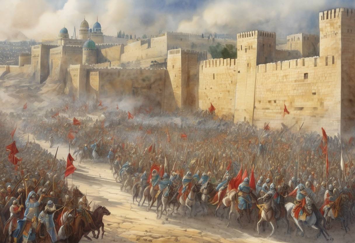 Watercolor painting based depiction of The Siege of Jerusalem ended with the city being captured by Saladin, the Sultan of Egypt and Syria, marking a significant event in the Crusades. (1187)