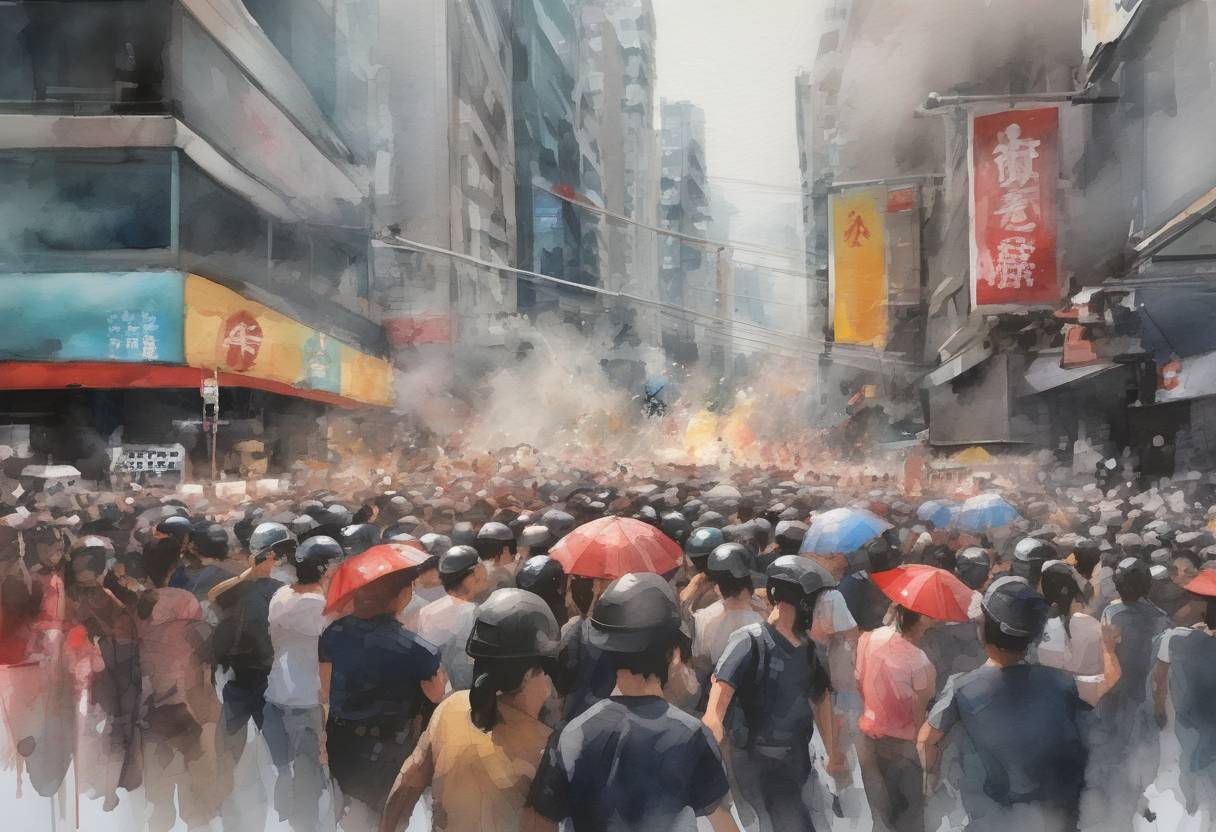 Watercolor painting based depiction of Protests erupted in Hong Kong as demonstrators clashed with police, marking one of the largest and most intense protests against the extradition bill and the Chinese government's influence. (2019)