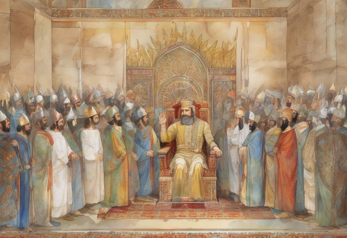 Watercolor painting based depiction of Khosrow II is crowned King of Persia, marking the beginning of his reign over the Sasanian Empire. (590)
