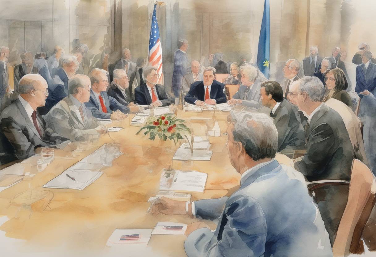 Watercolor painting based depiction of Representatives from the United States and Iraq met at the Geneva Peace Conference to discuss the Gulf War. (1991)