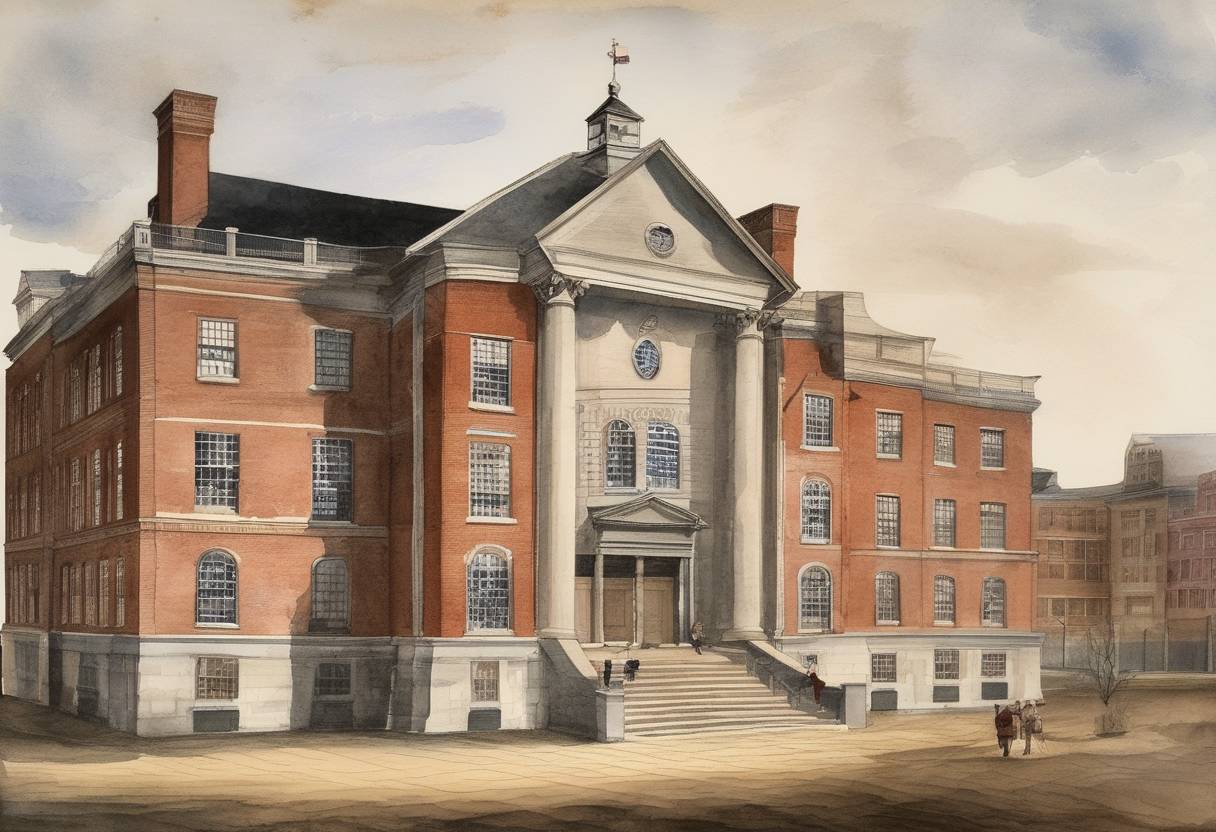Watercolor painting based depiction of The first public school in the United States, Boston Latin School, was founded. (1635)