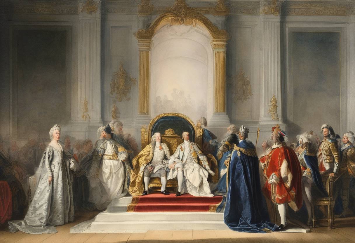 Watercolor painting based depiction of Gustav III ascended the throne as the King of Sweden following the death of his father, King Adolf Frederick, leading the country through a period of Enlightenment-inspired reforms. (1771)