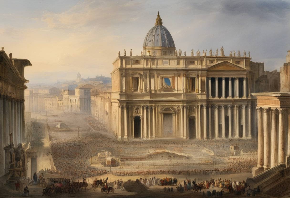 Watercolor painting based depiction of The Roman Republic was proclaimed following a revolution in the Papal States, as Romans sought to establish a democratic government. This republic was short-lived, as it existed during a tumultuous period of European revolutions. (1849)