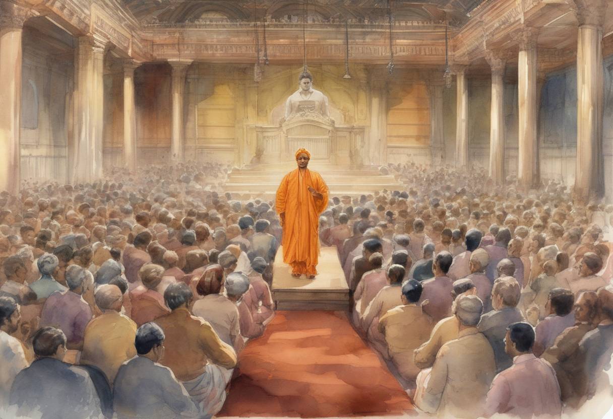 Watercolor painting based depiction of Swami Vivekananda delivered his famous speech at the Parliament of the World's Religions in Chicago, introducing Hinduism to the Western world. (1893)