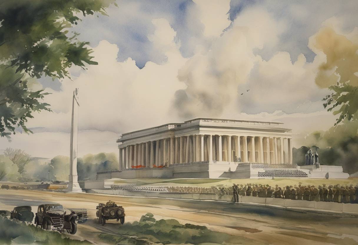 Watercolor painting based depiction of World War II: The United States established the Office of War Information (OWI), which played a crucial role in propaganda and information dissemination throughout the war. (1942)