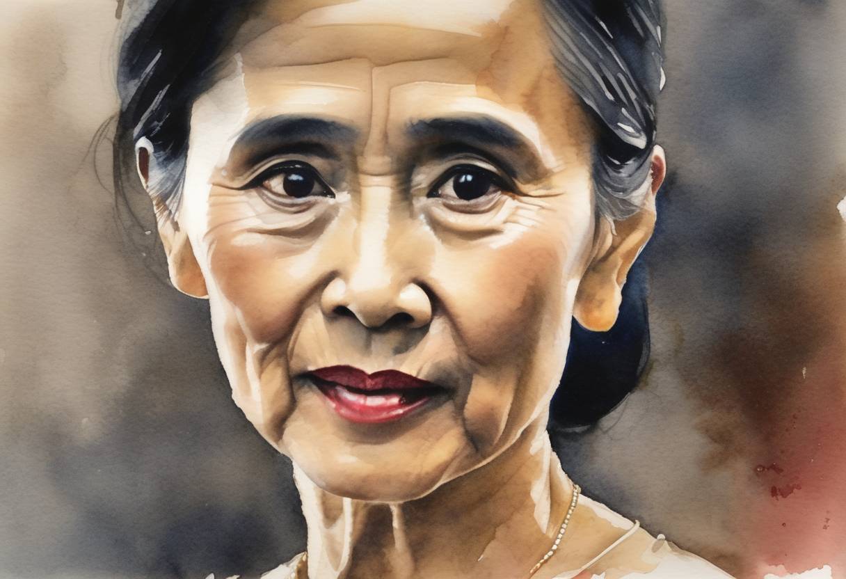 Watercolor painting based depiction of Aung San Suu Kyi delivered her Nobel Peace Prize acceptance speech in Oslo, Norway, 21 years after receiving the award while under house arrest in Myanmar. (2012)