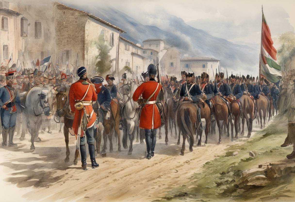 Watercolor painting based depiction of The Austro-Sardinian War comes to an end with the signing of the Armistice of Vignale, effectively concluding the First Italian War of Independence. (1848)