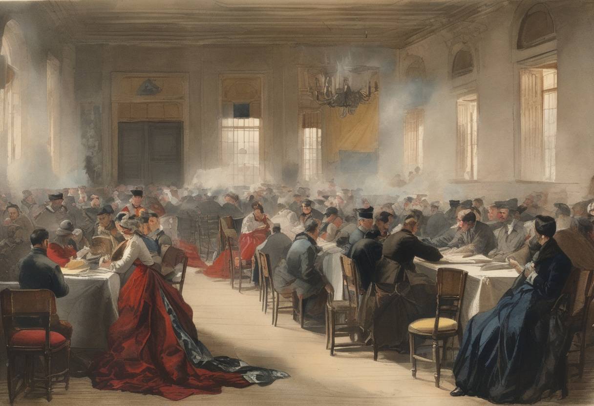 Watercolor painting based depiction of The International Red Cross successfully holds its first convention, underscoring the importance of humanitarian laws and support in warfare. (1863)