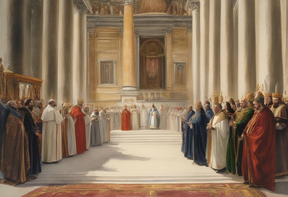 Watercolor painting based depiction of The Second Lateran Council, convened by Pope Innocent II, concluded in Rome. This council addressed various church reforms, reconfirmed the illegitimacy of the antipopes, and specifically condemned clerical marriage, concubinage, and the ordination of sons of priests. (1139)