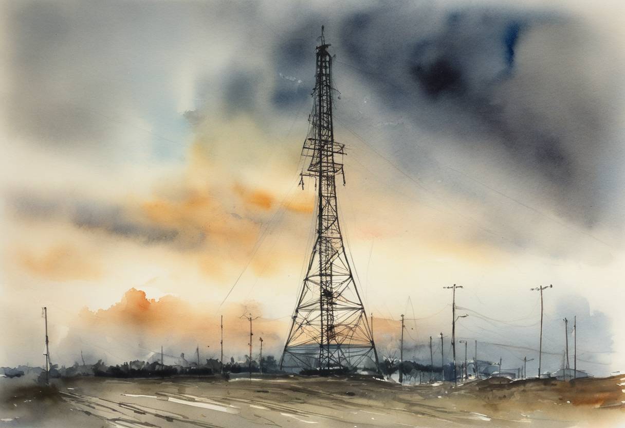 Watercolor painting based depiction of The Warsaw Radio Mast, once the tallest structure in the world, collapsed. (1991)