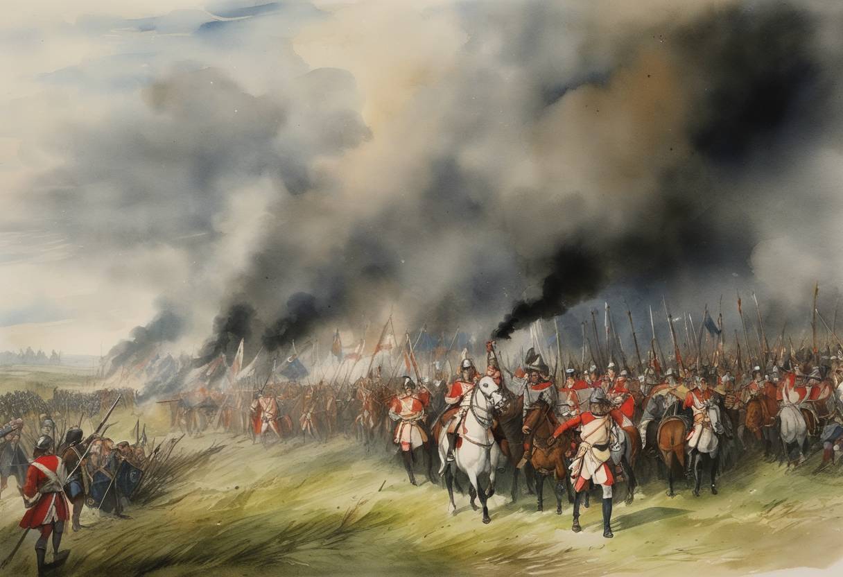 Watercolor painting based depiction of The Battle of Myton, also known as the 'White Battle' of Myton, took place during the First War of Scottish Independence between Scottish forces under Sir James Douglas and Thomas Randolph, 1st Earl of Moray, against English forces led by the Archbishop of York, William Melton. The Scottish forces secured a victory. (1319)