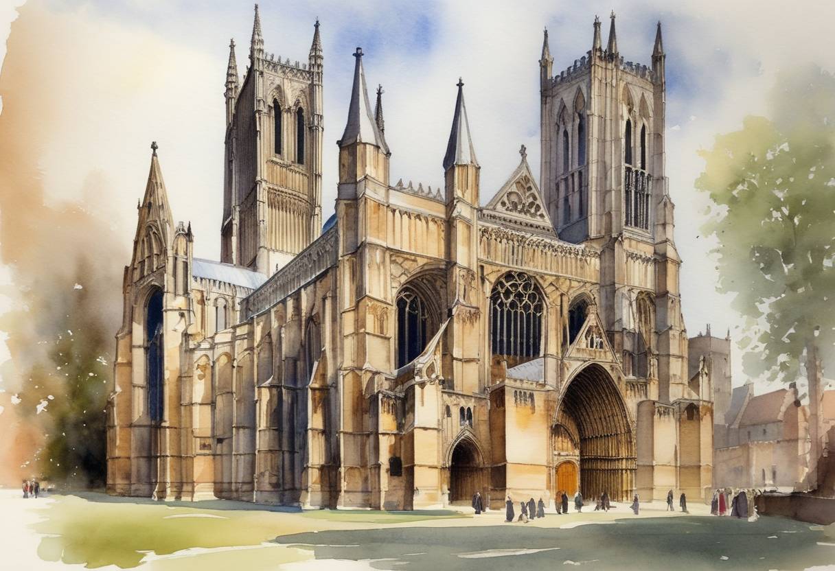 Watercolor painting based depiction of Lincoln Cathedral in England was consecrated. Originally built in 1072 under Bishop Remigius, the cathedral was rededicated after being rebuilt following a fire. (1092)