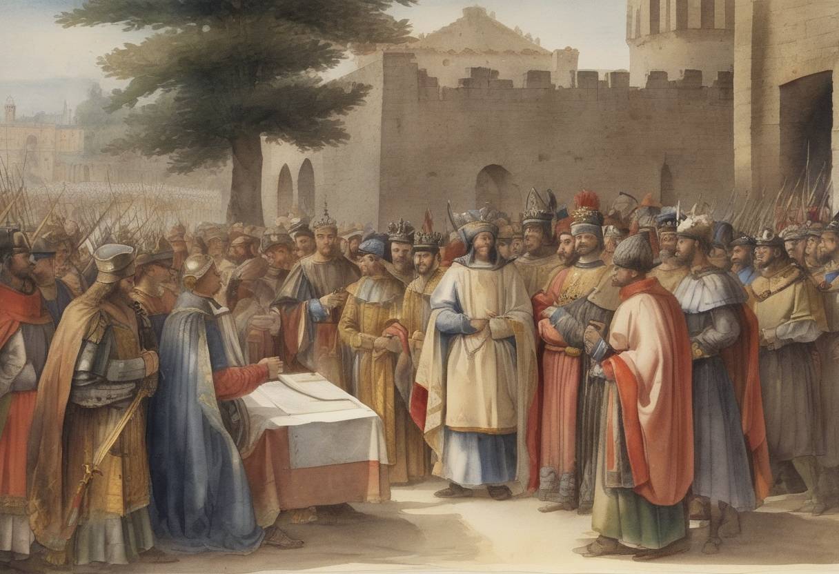 Watercolor painting based depiction of The Treaty of Lodi, also known as the Peace of Lodi, is signed in Lombardy, establishing a balance of power among the northern Italian states. (1454)