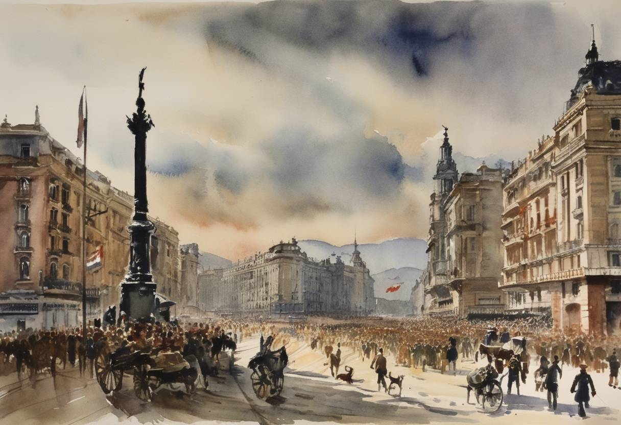 Watercolor painting based depiction of In the aftermath of the Spanish Civil War, the Francoist regime is established as dictator Francisco Franco enters Madrid, with the city officially surrendering to Franco’s Nationalist forces, marking the effective end of the Spanish Civil War. (1939)