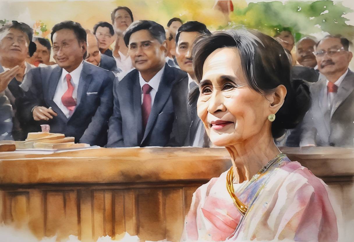 Watercolor painting based depiction of Aung San Suu Kyi was re-elected as the leader of Myanmar's opposition National League for Democracy at a party congress, reaffirming her central role in the country's political transition. This event underscored her continued influence and the ongoing struggle for democracy in Myanmar. (2014)