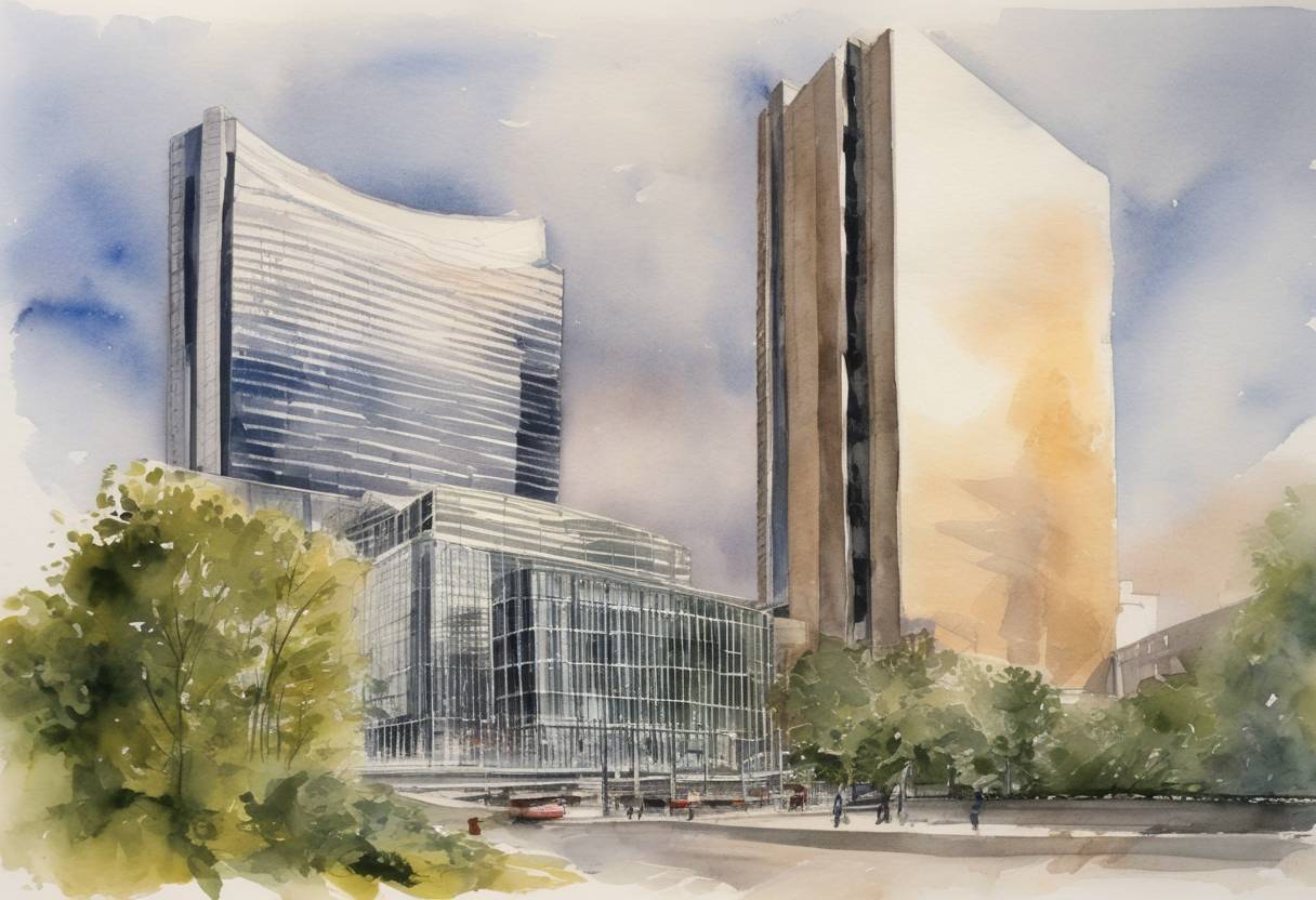 Watercolor painting based depiction of The European Central Bank (ECB) was established to manage the euro and frame and implement EU economic & monetary policy. (1988)