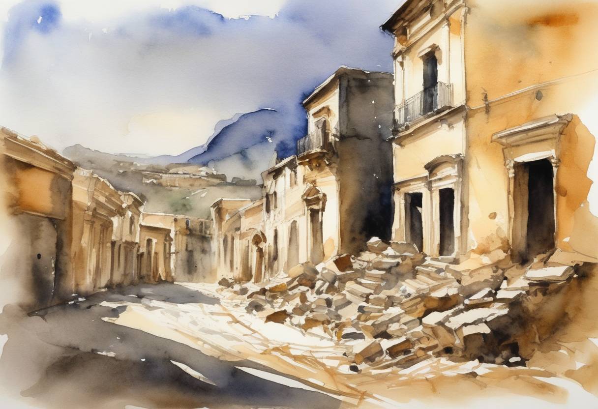 Watercolor painting based depiction of A severe earthquake struck the island of Sicily, causing considerable devastation and loss of life. This event is part of a series of seismic activities that affected the region during that period. (1169)