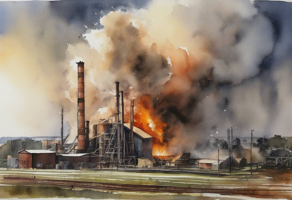 Watercolor painting based depiction of A powerful explosion at a sugar refinery in Port Wentworth, Georgia, owned by Imperial Sugar, results in 14 fatalities and dozens of injuries. The explosion was caused by the ignition of sugar dust, highlighting the dangers of combustible dust in industrial settings. (2008)