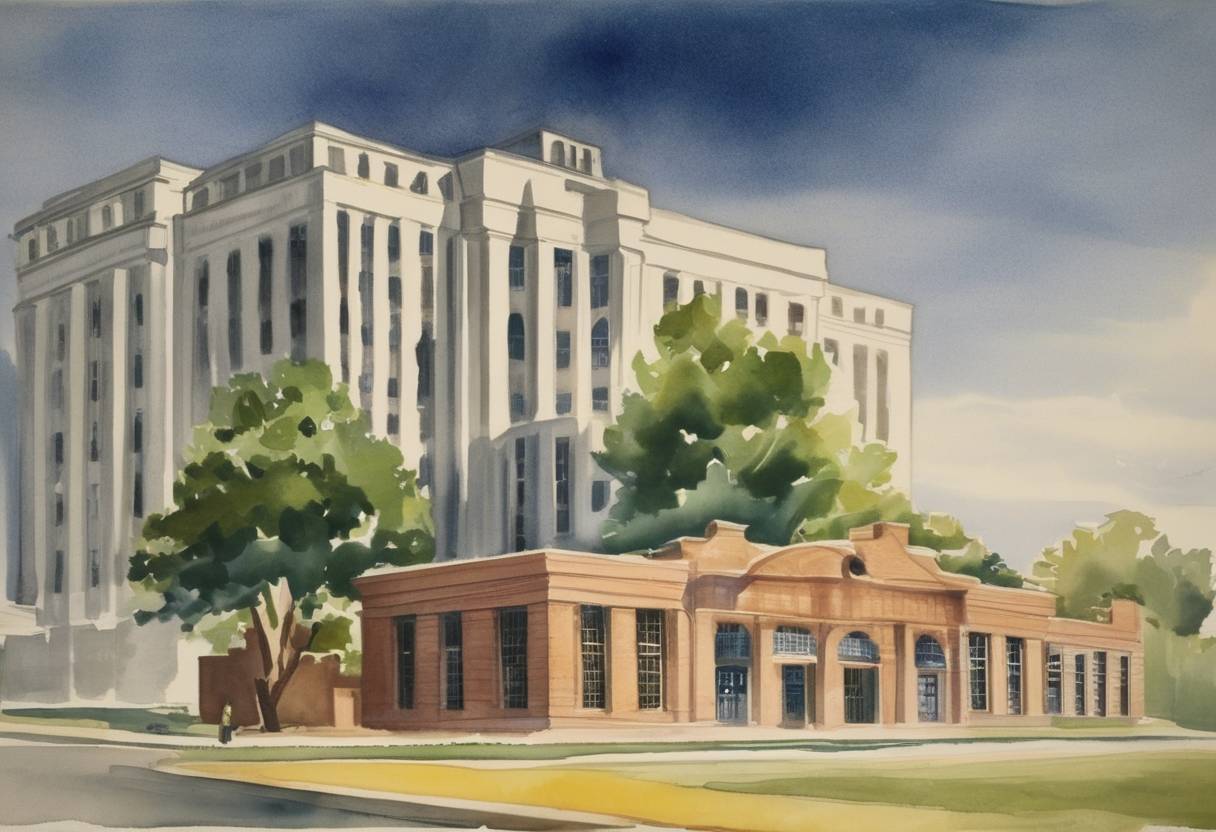 Watercolor painting based depiction of The Works Progress Administration (WPA) is founded as part of the New Deal to provide public works jobs for the unemployed during the Great Depression. (1935)