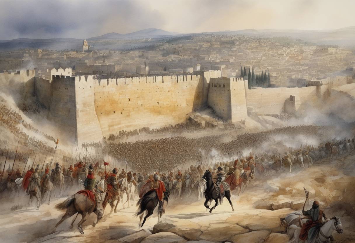 Watercolor painting based depiction of The Siege of Jerusalem by Roman forces commenced as part of the First Jewish-Roman War. (70)