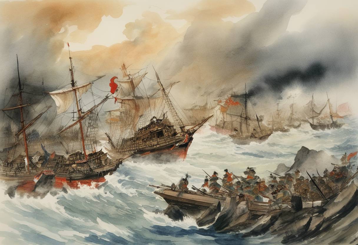 Watercolor painting based depiction of The second Mongol invasion of Japan is thwarted by the kamikaze typhoon, which destroyed much of the Mongol fleet. (1281)