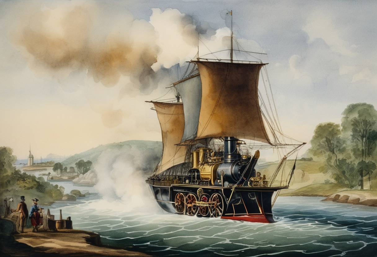 Watercolor painting based depiction of The First steam engine in America was used, marking a significant technological advancement. (1755)