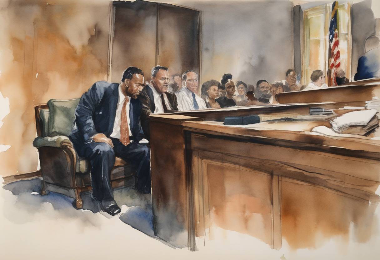 Watercolor painting based depiction of James Earl Ray pleaded guilty to the assassination of civil rights leader Martin Luther King Jr. and was sentenced to 99 years in prison. This plea avoided a trial that could have attracted significant public attention. (1969)