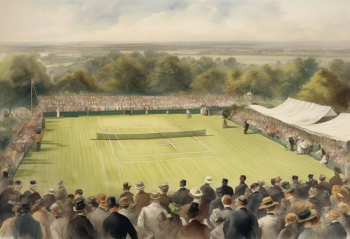 Watercolor painting based depiction of The first Wimbledon tennis championship was held at the All England Croquet and Lawn Tennis Club. (1887)