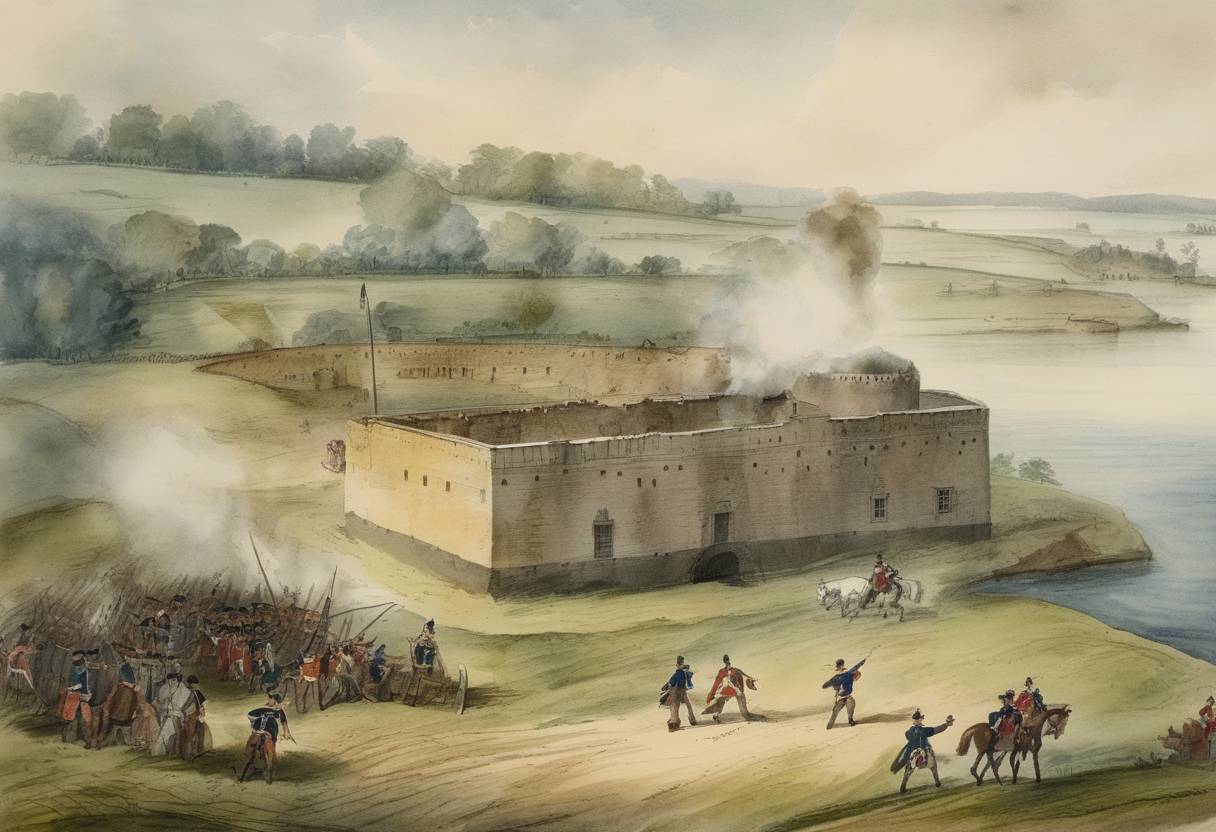Watercolor painting based depiction of British forces captured Fort Niagara from the French during the French and Indian War, marking a significant British victory that helped establish control over the region. (1759)