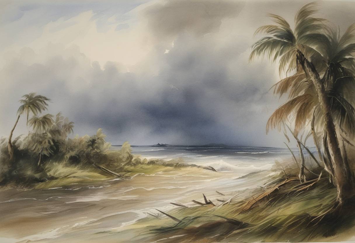 Watercolor painting based depiction of The Last Island hurricane, also known as the Isle Dernière hurricane, struck the Louisiana coast, demolishing Last Island, a popular resort destination, with devastating winds and a storm surge. (1856)