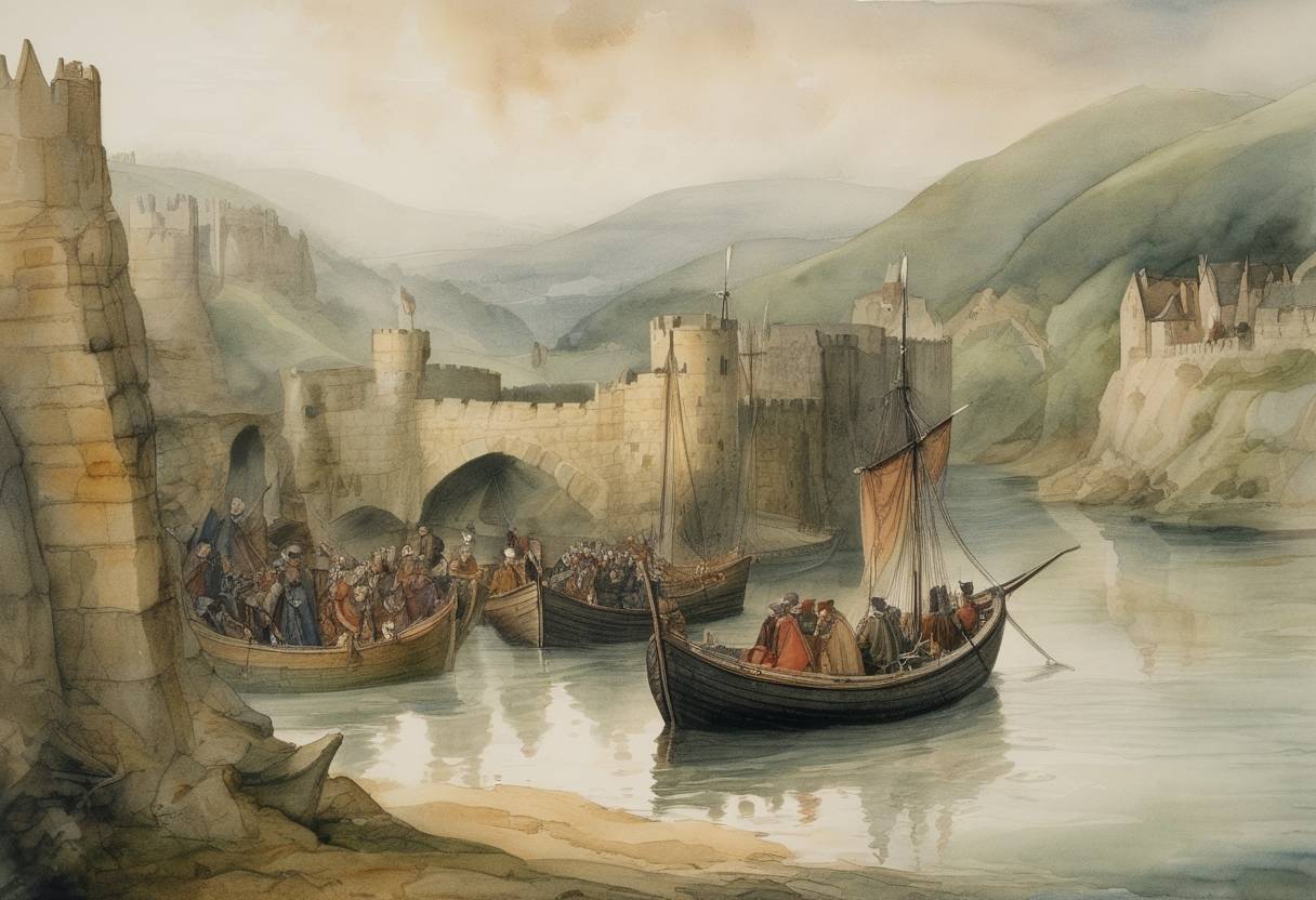 Watercolor painting based depiction of Henry Bolingbroke, who would later become King Henry IV, returned to England, landing at Ravenspur in Yorkshire to reclaim his inheritance after being exiled by King Richard II. This marked the beginning of the events leading to the eventual overthrow of Richard II. (1399)