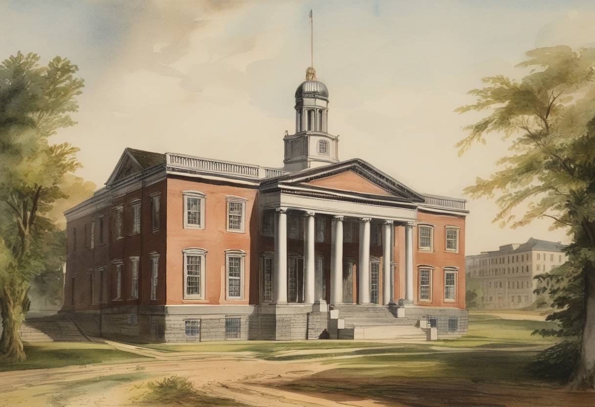 Watercolor painting based depiction of The Rensselaer School, now known as Rensselaer Polytechnic Institute, is established in Troy, New York. It is one of the first institutions in the world to offer instruction in civil engineering. (1824)