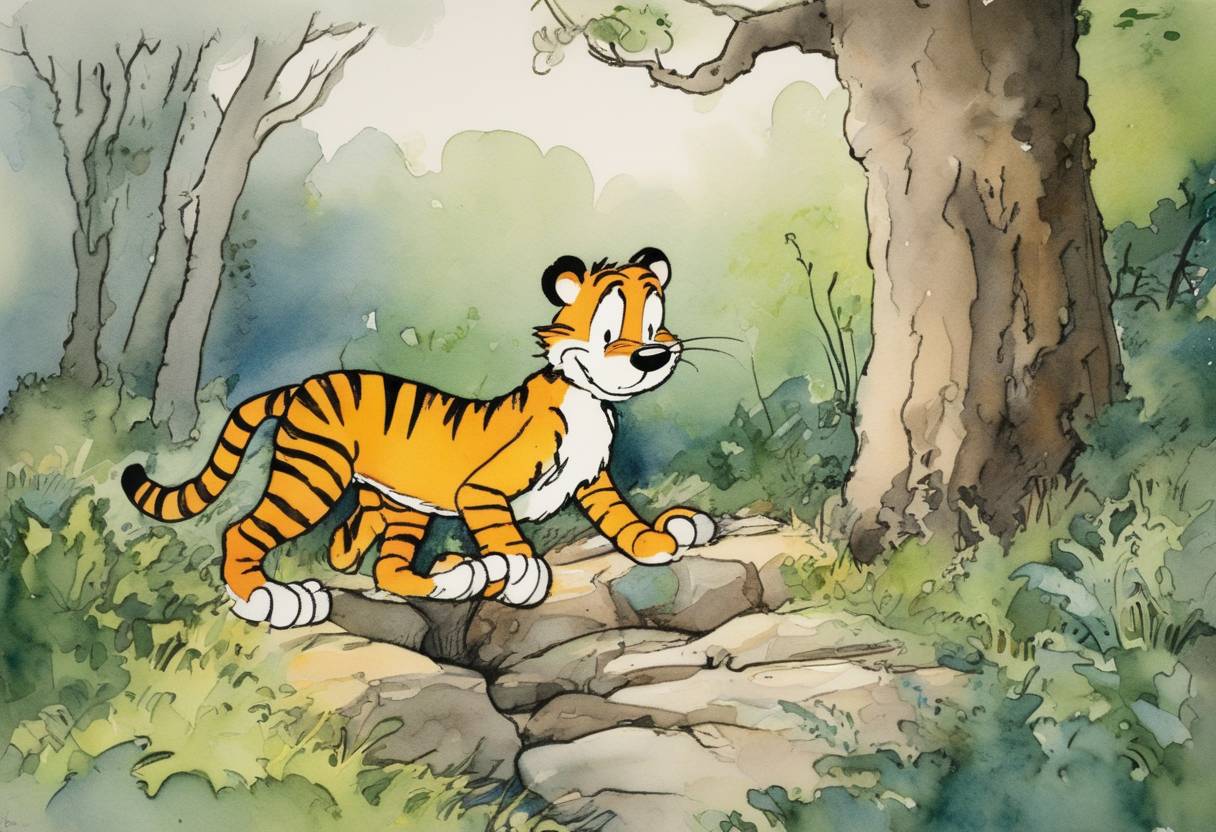 Watercolor painting based depiction of The comic strip 'Calvin and Hobbes' by Bill Watterson debuted. (1985)