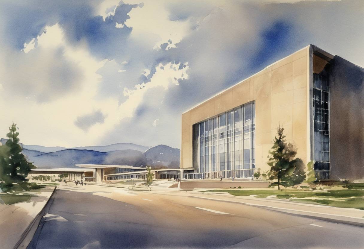 Watercolor painting based depiction of The U.S. Air Force Academy opened its doors to the first class of cadets at its campus in Colorado Springs, Colorado. (1958)
