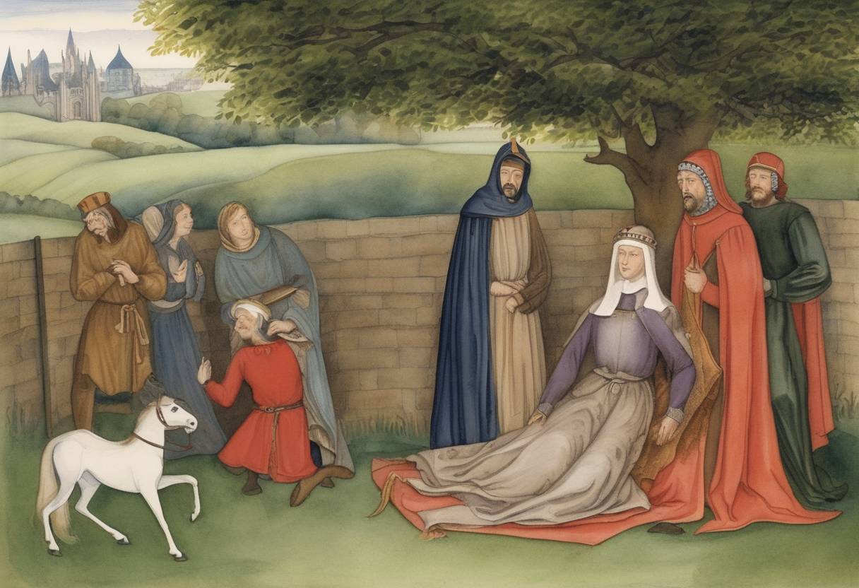 Watercolor painting based depiction of The death of Geoffrey Chaucer, famous for being the author of 'The Canterbury Tales', occurs on this date. Chaucer was a significant figure in English literature and his works contributed greatly to the development of the English language. (1400)