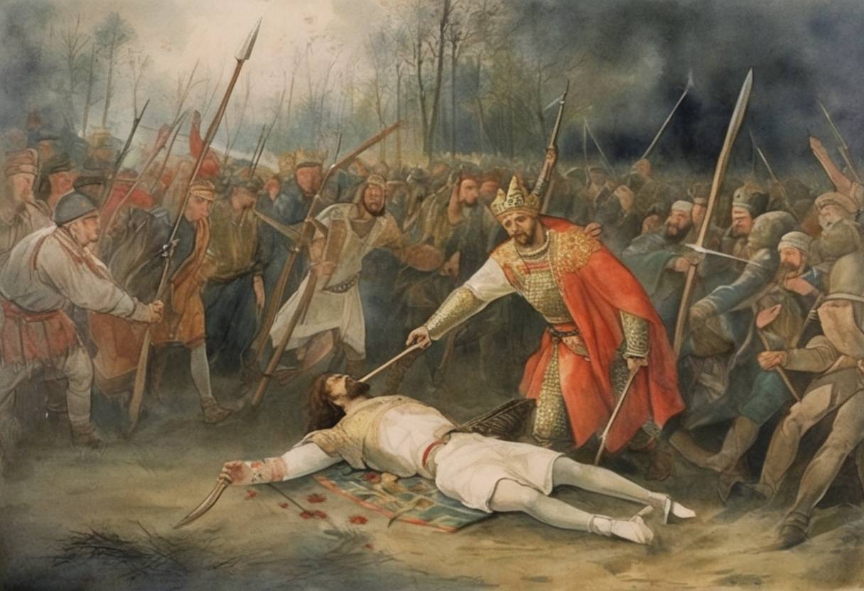 Watercolor painting based depiction of Martyrdom of Oleg, Prince of Chernigov, who was killed by tribesmen of the Pechenegs while on a hunting expedition. (1017)