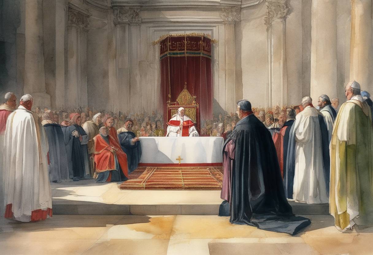 Watercolor painting based depiction of Pope John XXII issues a formal statement that condemns the belief in the Beatific Vision before Judgment Day as heretical. (1329)