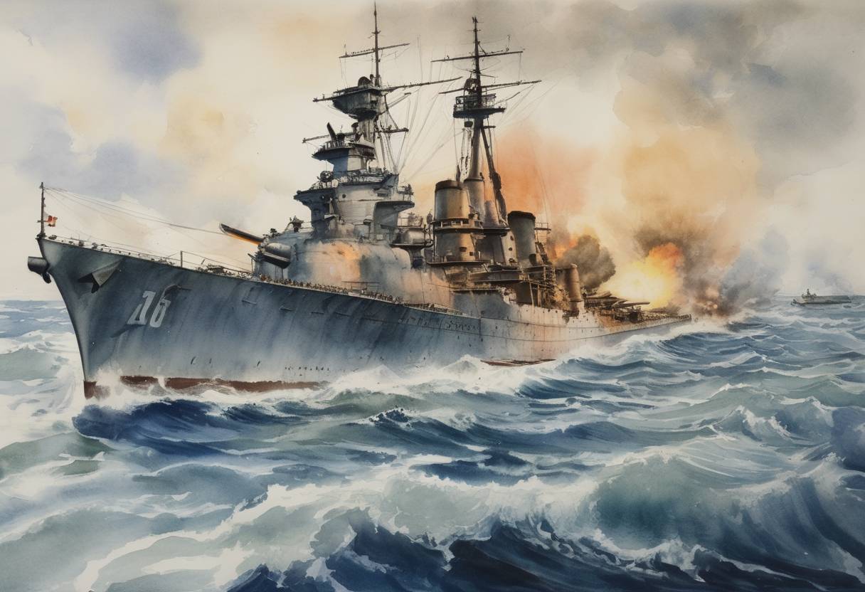 Watercolor painting based depiction of The Battle of the Coral Sea ends with no clear victor, but it becomes the first air-sea battle in history and stops the Japanese expansion in the Pacific during World War II. (1942)