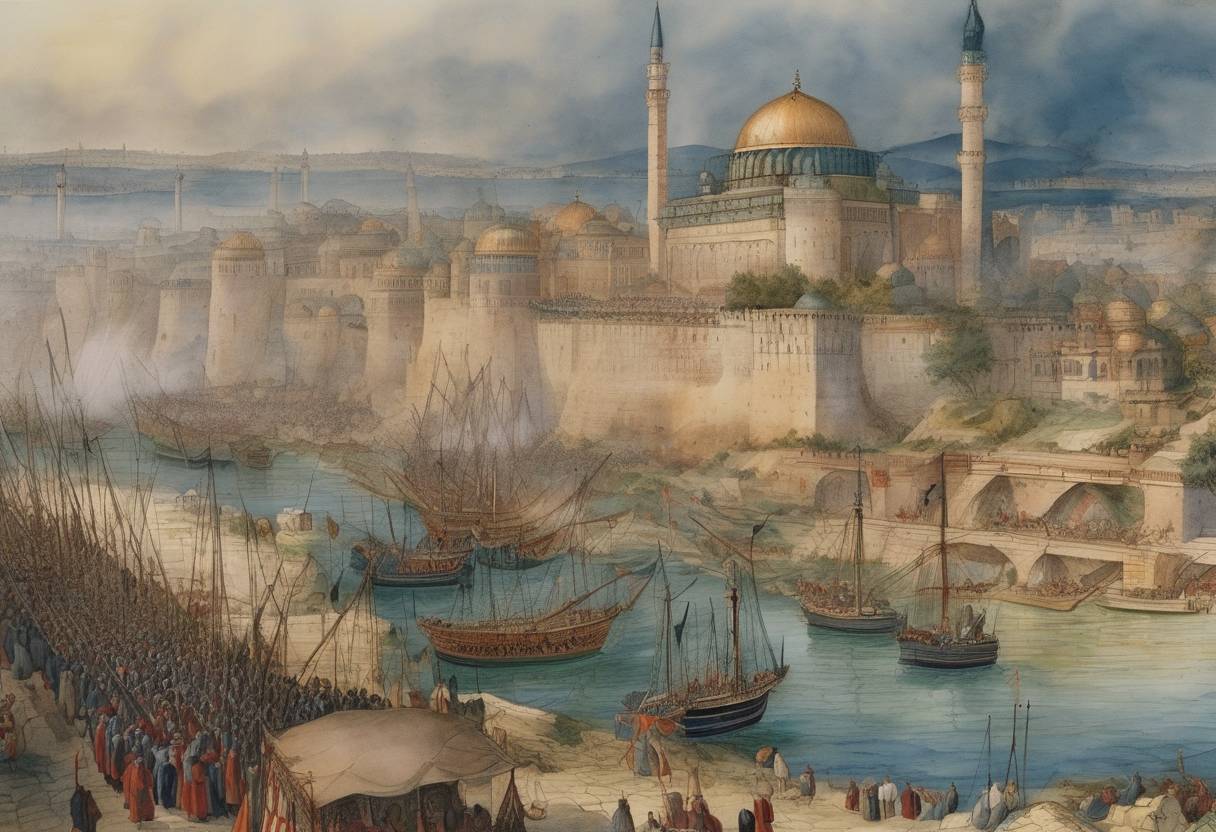 Watercolor painting based depiction of The Ottoman Empire under Sultan Mehmed II began the siege of Constantinople, marking the start of the battle that ended the Byzantine Empire. (1453)