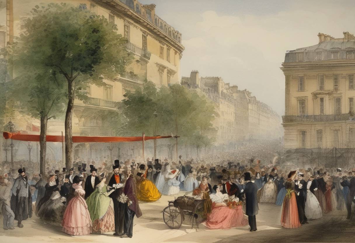 Watercolor painting based depiction of The first performance of the full operatic version of Offenbach's 'La Belle Hélène' was given in Paris. (1875)