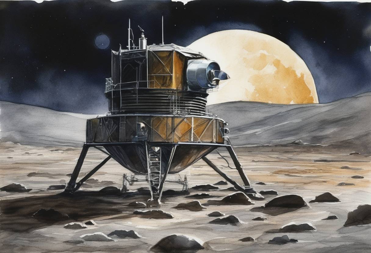 Watercolor painting based depiction of NASA announced that the Lunar Prospector spacecraft had found evidence of frozen water on the Moon's surface, sparking interest in the possibility of human habitation and further lunar exploration. (1998)